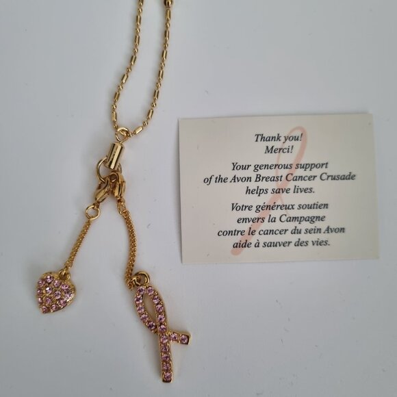 Vintage Gold Tone Pink Rhinestone Avon Breast Cancer Crusade Jewelled Charms - Picture 4 of 4